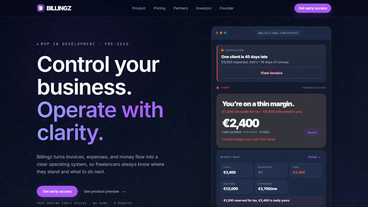 Screenshot of billingz.com, the website for the Billingz SaaS product, built by Global Minds