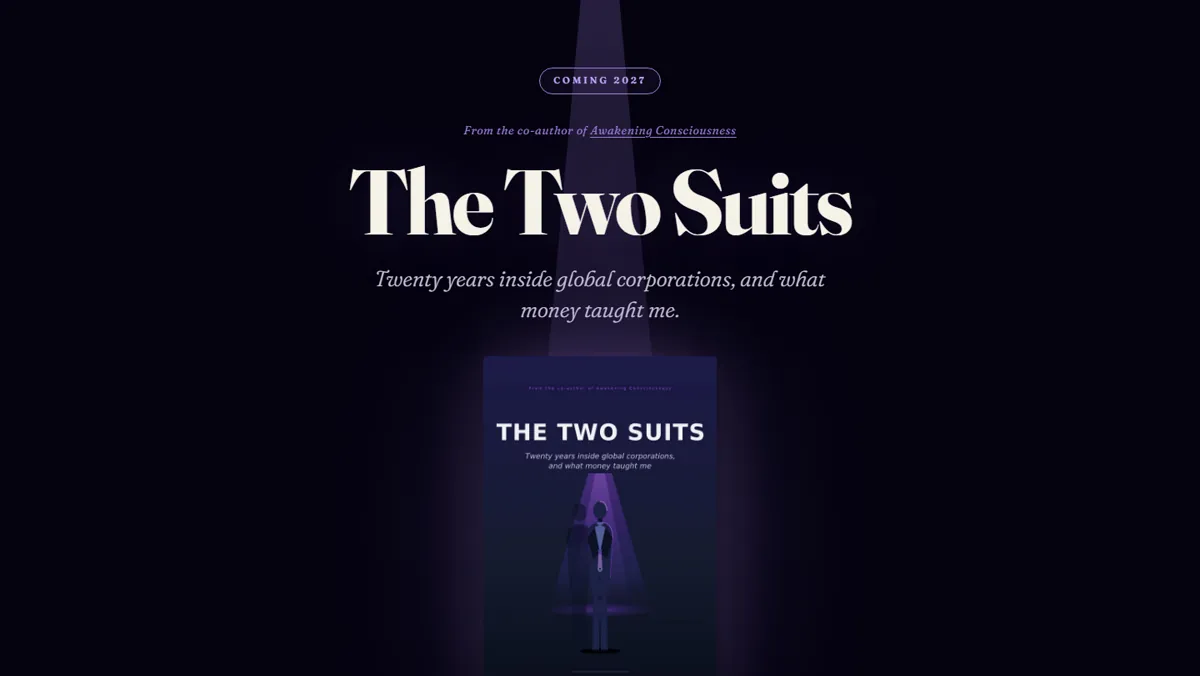 Screenshot of thetwosuitsbook.com, the launch page for the book The Two Suits, built by Global Minds
